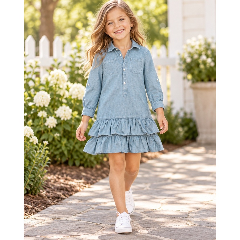 Polo Ralph Lauren Girls Light Wash Denim Ruffle Hem Shirt Dress Size 6